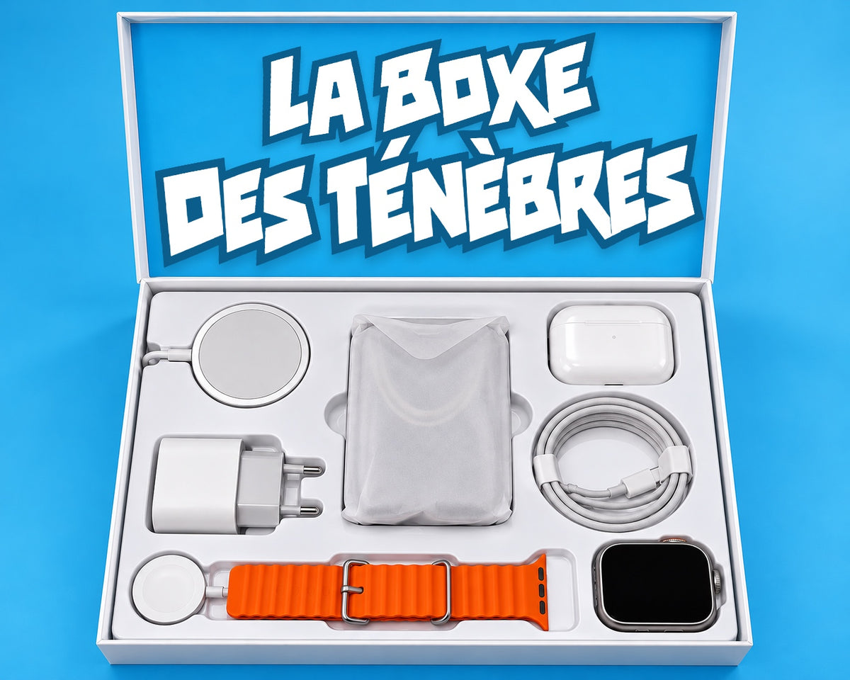 La boxe des ténèbres Bleushark : chargeur MagSafe, écouteurs, montre, chargeur et câble
